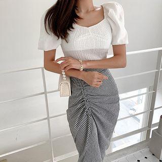 Set: Short-sleeve Blouse + Gingham Check Midi Skirt
