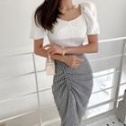 Set: Short-sleeve Blouse + Gingham Check Midi Skirt