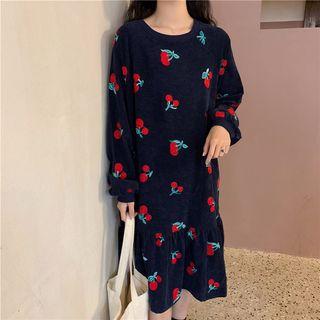 Long-sleeve Cherry Print Corduroy A-line Dress
