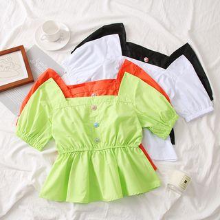 Gather-waist Square-neck Plain Blouse