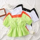Gather-waist Square-neck Plain Blouse