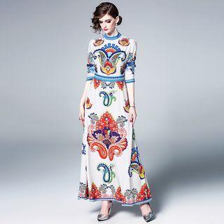 Printed Elbow-sleeve Maxi A-line Dress