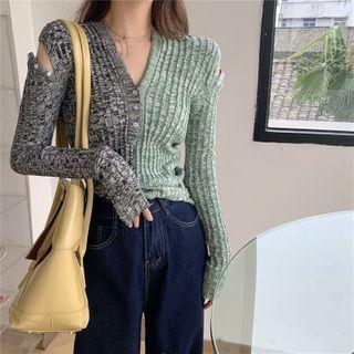 Color Panel Henley Knit Top Gray & Green - One Size