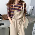 Short-sleeve Stripe T-shirt / Spaghetti Strap Jersey Suspender Pants