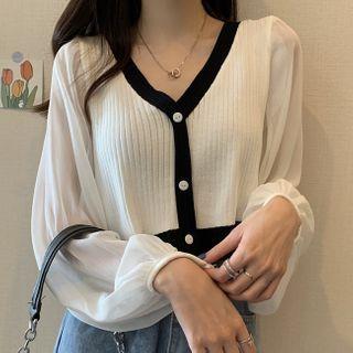 Long-sleeve Panel Contrast Trim Cropped Knit Top