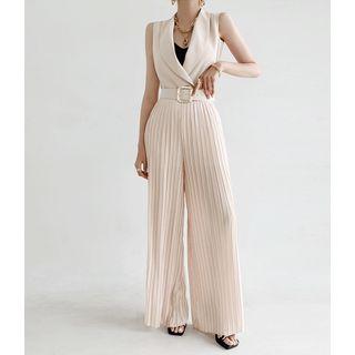 Sleeveless Pleated Jumpsuit With Belt