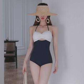 Halter-neck Two-tone Swimsuit