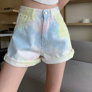 High-waist Tie-dye Denim Shorts