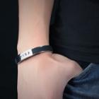 Stainless Steel Leather Open Bangle 1111 - Black & Silver - One Size