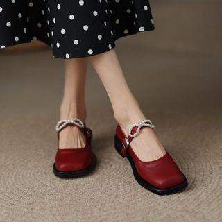 Faux Pearl Bow Block Heel Mary Jane Pumps