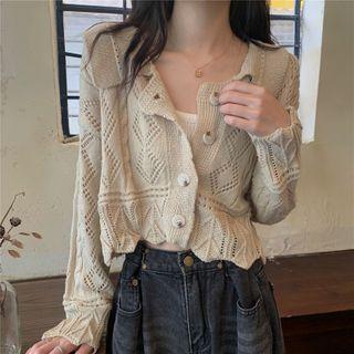 Collared Pointelle Knit Cropped Cardigan