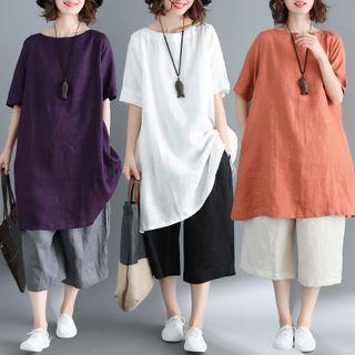 Short-sleeve Linen Blend Long T-shirt