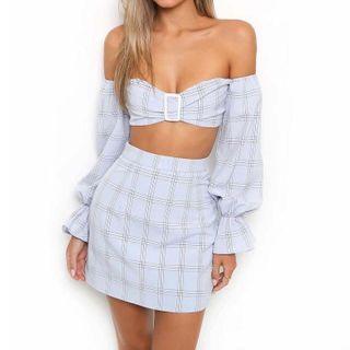 Set: Long-sleeve Off-shoulder Plaid Crop Top + Fitted Mini Skirt