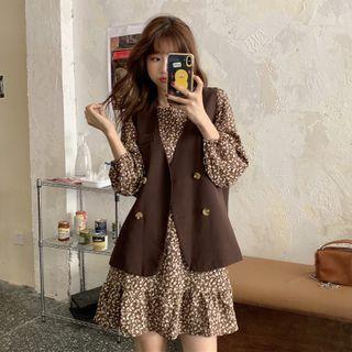 Double Breasted Vest / Long-sleeve Floral Dress