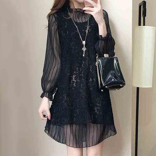 Set: Long-sleeve Chiffon Dress + Sleeveless Lace Tunic