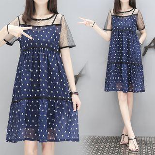 Star Print Short-sleeve A-line Chiffon Dress