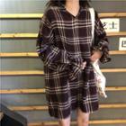 Check V-neck Bell-sleeve Loose-fit Pullover Dress