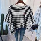 Heart Embroidered Striped Crewneck Short Sleeve T-shirt