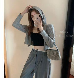 Long-sleeve Hooded Cardigan / Faux Pearl Strap Camisole / High-waist Loose Fit Pants