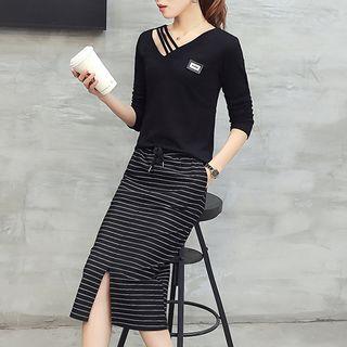 Set: Long-sleeve Cut Out T-shirt + Striped Midi Skirt