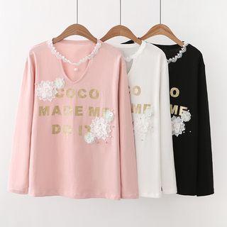 Faux Pearl Crochet Trim Long Sleeve T-shirt