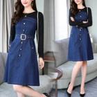 Long-sleeve Mock Two-piece Denim Dress