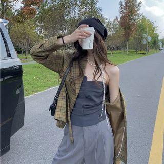 Plaid Blazer / Plain Shirred Tube Top