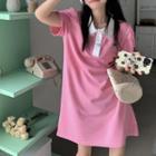 Puff-sleeve Lace Trim A-line Polo Dress Pink - One Size