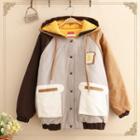 Embroidered Hooded Color Block Jacket As Shown In Figure - One Size