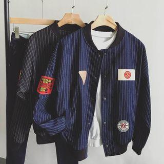 Striped Badge Detail Baseball Jacket