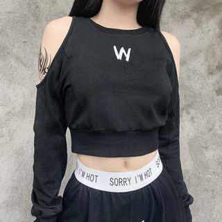Cold Shoulder Lettering Sweatshirt