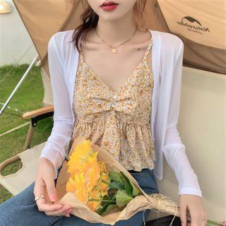 Long-sleeve Cardigan / Sleeveless V-neck Floral Top