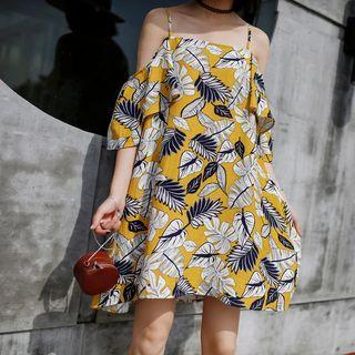 Leaf Print Off Shoulder 3/4 Sleeve Dress