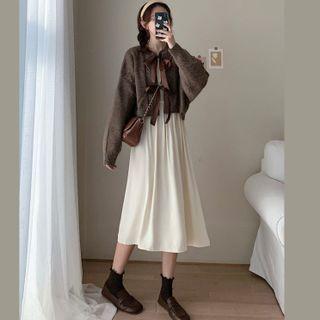 Long-sleeve Plain Midi A-line Dress / Tie-front Cropped Cardigan / Set