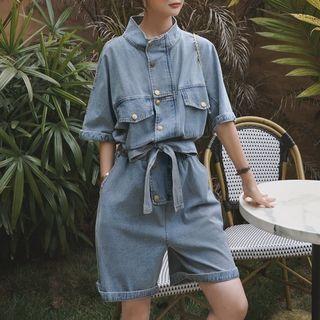 Elbow-sleeve Shirt Denim Playsuit