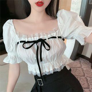 Short-sleeve Lace-up Ruffled Blouse White - One Size