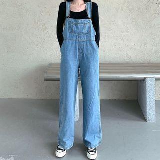 Plain Long-sleeve Crop Top / Denim Jumper Pants