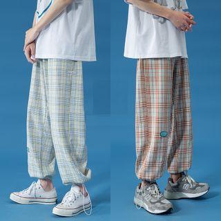 Plaid Drawstring-cuff Straight Leg Pants