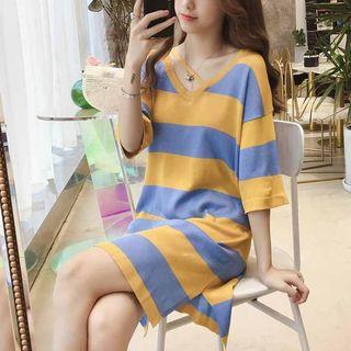 V-neck Striped T-shirt Dress As Shown In Figure - One Size