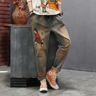 Leopard Print Panel Baggy Jeans
