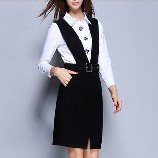 Set: Embellished Long-sleeve Shirt + Belted Pinafore Dress