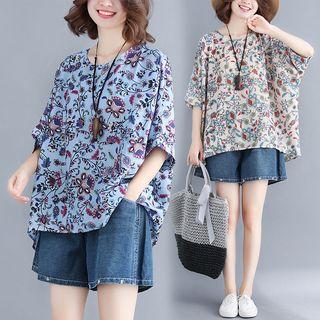 Floral Elbow-sleeve Chiffon T-shirt