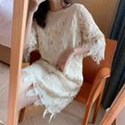 Elbow-sleeve Mini Shift Lace Dress