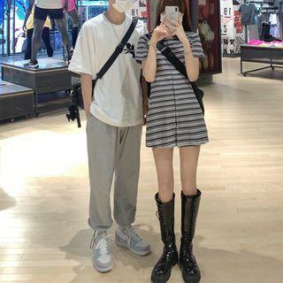 Short-sleeve Striped Knit Mini Shirtdress As Shown In Figure - One Size