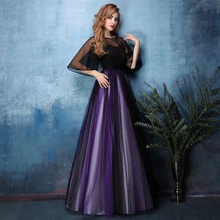 Mesh Panel Elbow-sleeve Evening Dress