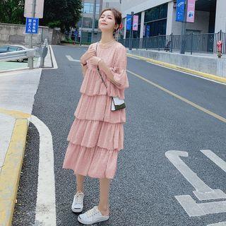 Short-sleeve Dotted Tiered Midi Shift Dress