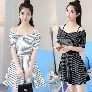Striped Off Shoulder Short Sleeve A-line Dress