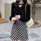 Long-sleeve Plain Perforated Ruched Top / High-waist Plaid Mini Skirt