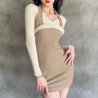 Mock Two-piece Halter-neck Ribbed Sheath Dress
