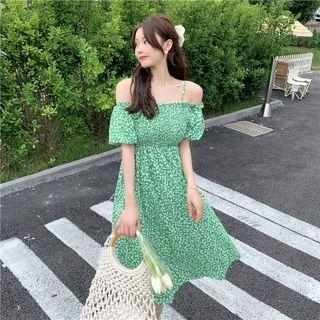 Collar Puff-sleeve Wood Ear Trim Floral Skirt
